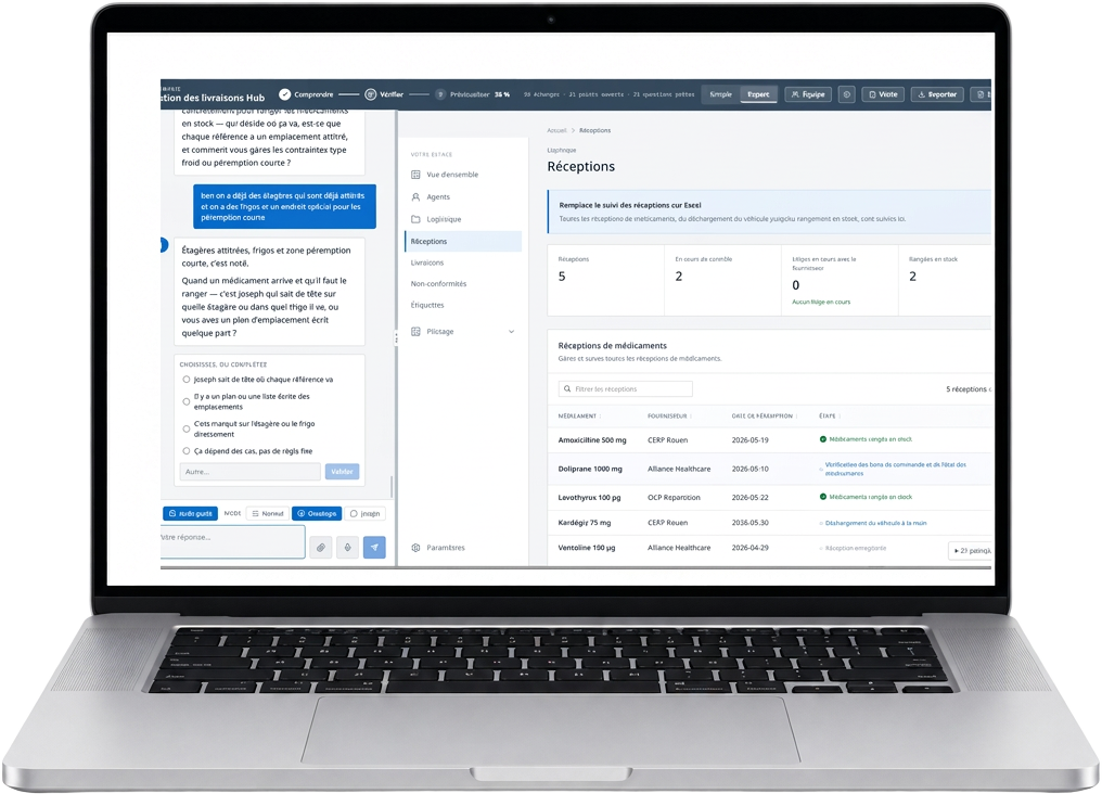 L'application Joseph : à gauche, l'audit en cours - Joseph pose ses questions, le client répond ; à droite, l'outil généré, ses écrans, ses indicateurs et ses graphiques.